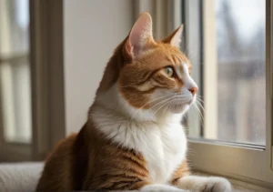 a cat sitting on the windowsill looking out at the outside of the window