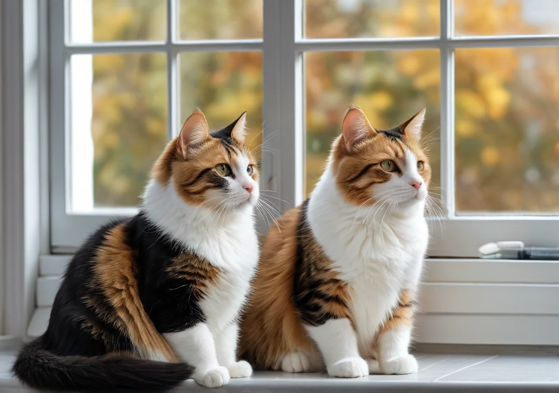 two cats sitting on a windowsill looking out the window with autumn leaves in the background