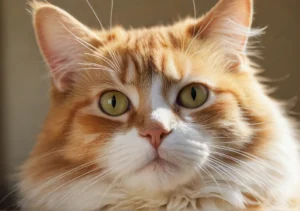 an orange and white cat with green eyes looking at the camera stock photo