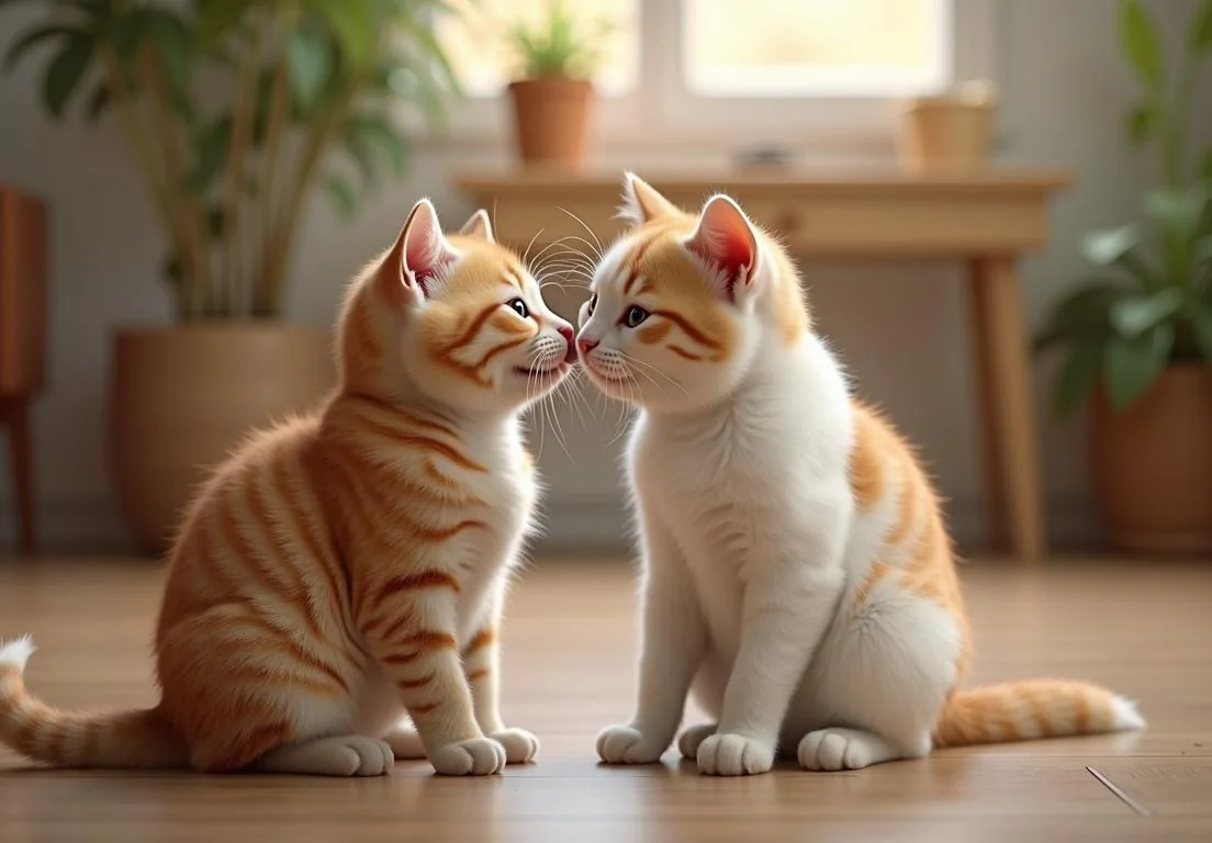 two kittens are sitting on the floor looking at each other kittens