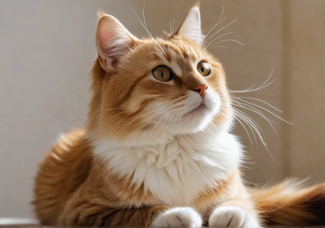 an orange and white cat with green eyes laying down on a white surface