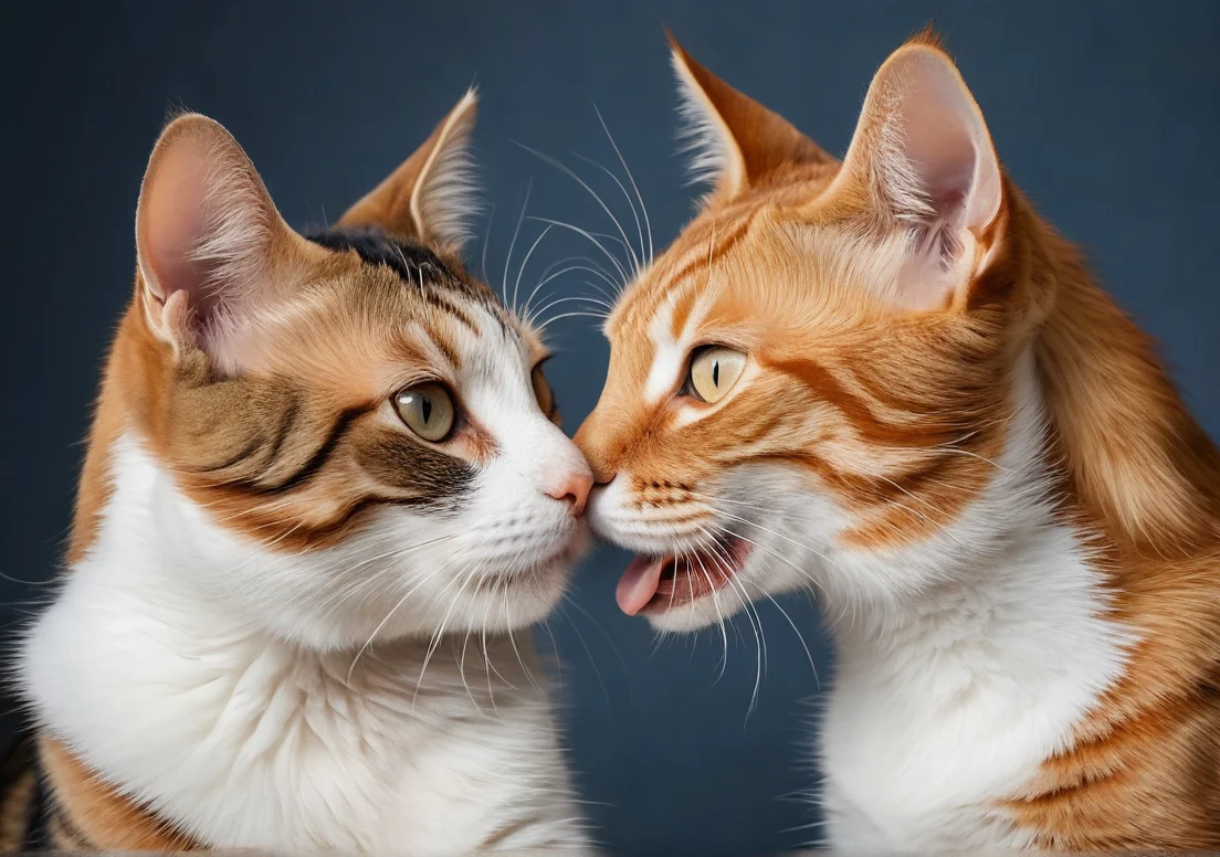 two cats are looking at each other cats, one is licking his nose