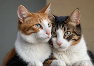 two cats sitting on top of a table next to each other kittens