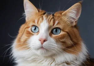 an orange and white cat with blue eyes looking up at the camera stock photo