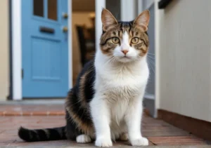 a cat sitting on the ground in front of a blue door and looking at the camera