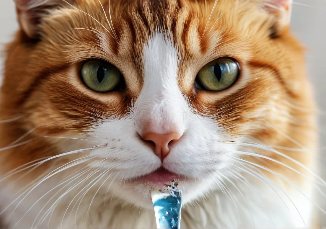 an orange and white cat with a blue tie around its neck looking at the camera