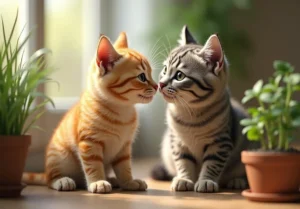 two kittens sitting on a table next to each other kittens and plants