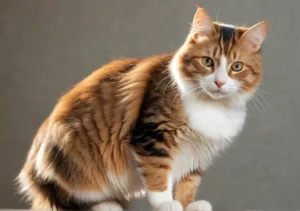 a brown and white cat sitting on top of a wooden table next to a gray wall