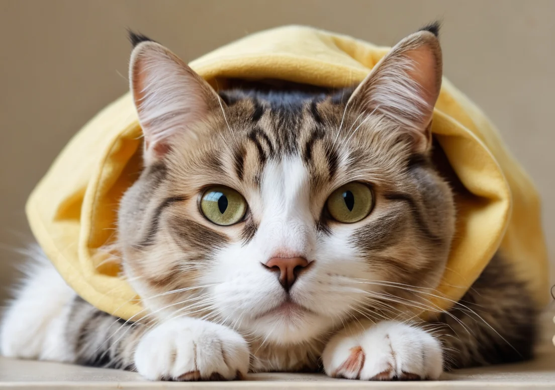 a cat with a yellow blanket on its head laying on a table next to a cup of coffee