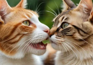 two cats are looking at each other cats in the same direction, with one cat's face to the other