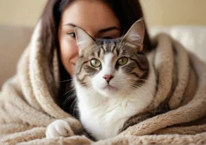 a woman laying on a couch with her cat in her lap and looking at the camera