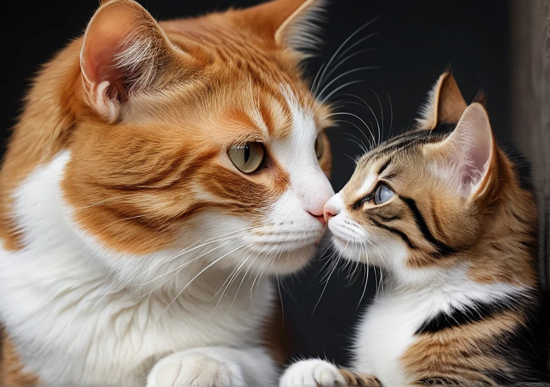 two kittens are looking at each other cat's face, with one looking at the other