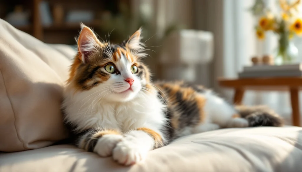 a colorful calico cat lying on the bed in a room