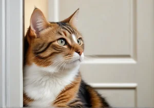 a cat is looking out from behind a white door with a green eye