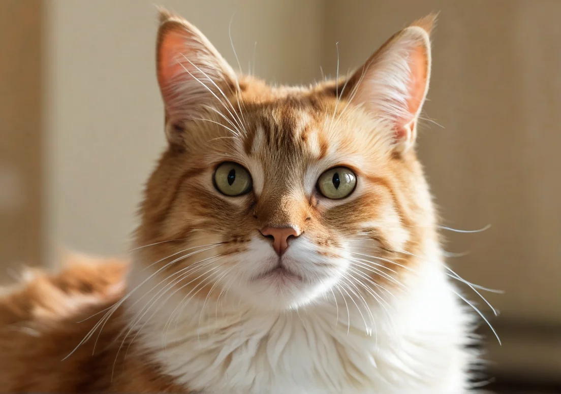 an orange and white cat with green eyes sitting on a couch looking at the camera