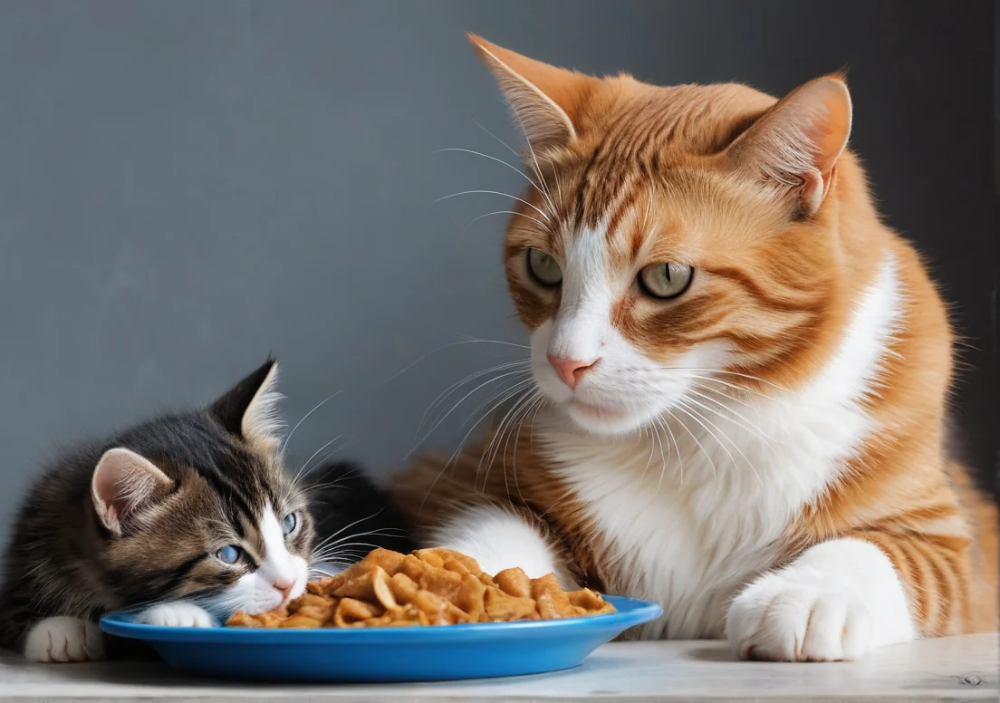 two kittens eating food from a blue bowl on a white table against a gray wall