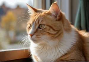 an orange and white cat sitting on top of a window sicf