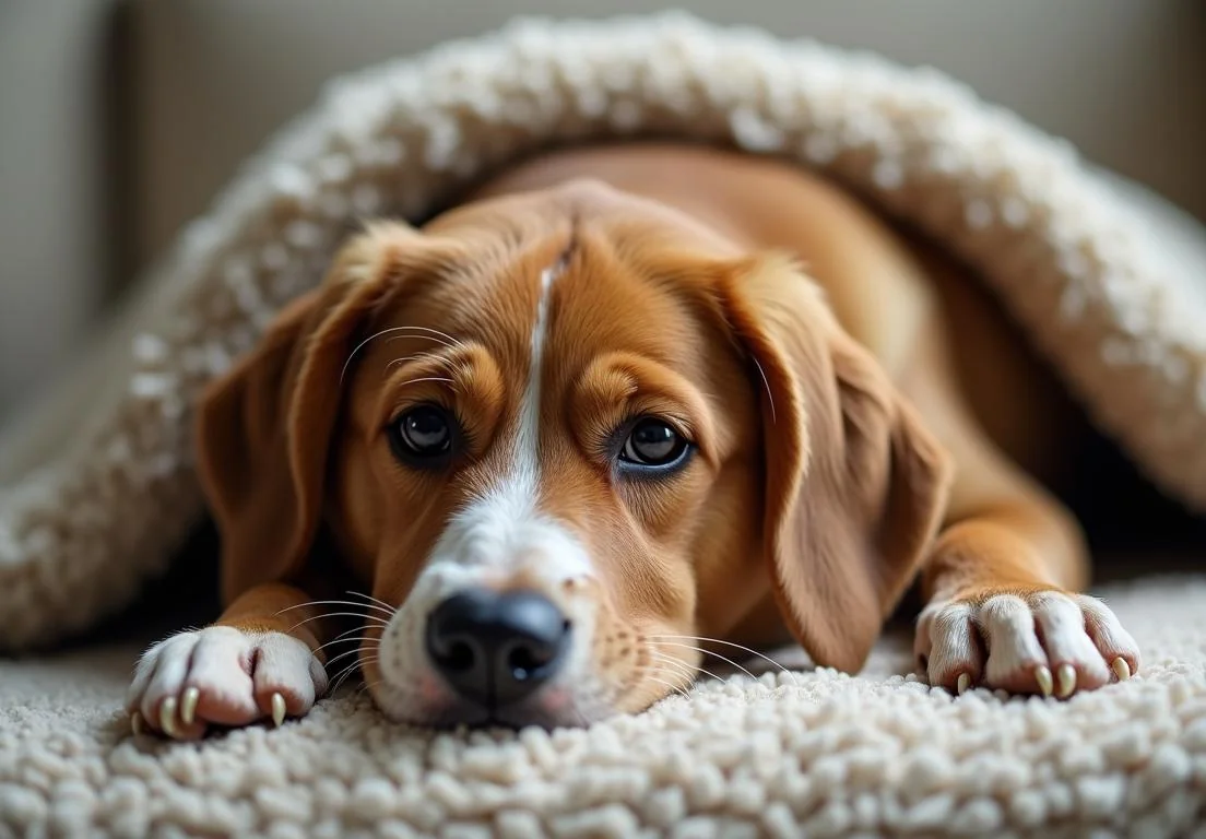 a brown and white dog laying on top of a couch under a blanket