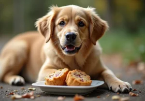 a dog laying on the ground next to a plate with a piece of bread