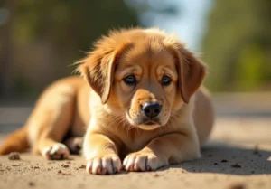 a small dog laying on the ground with its paws on it's face