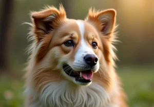 a brown and white dog with its tongue out in the grass, looking at the camera