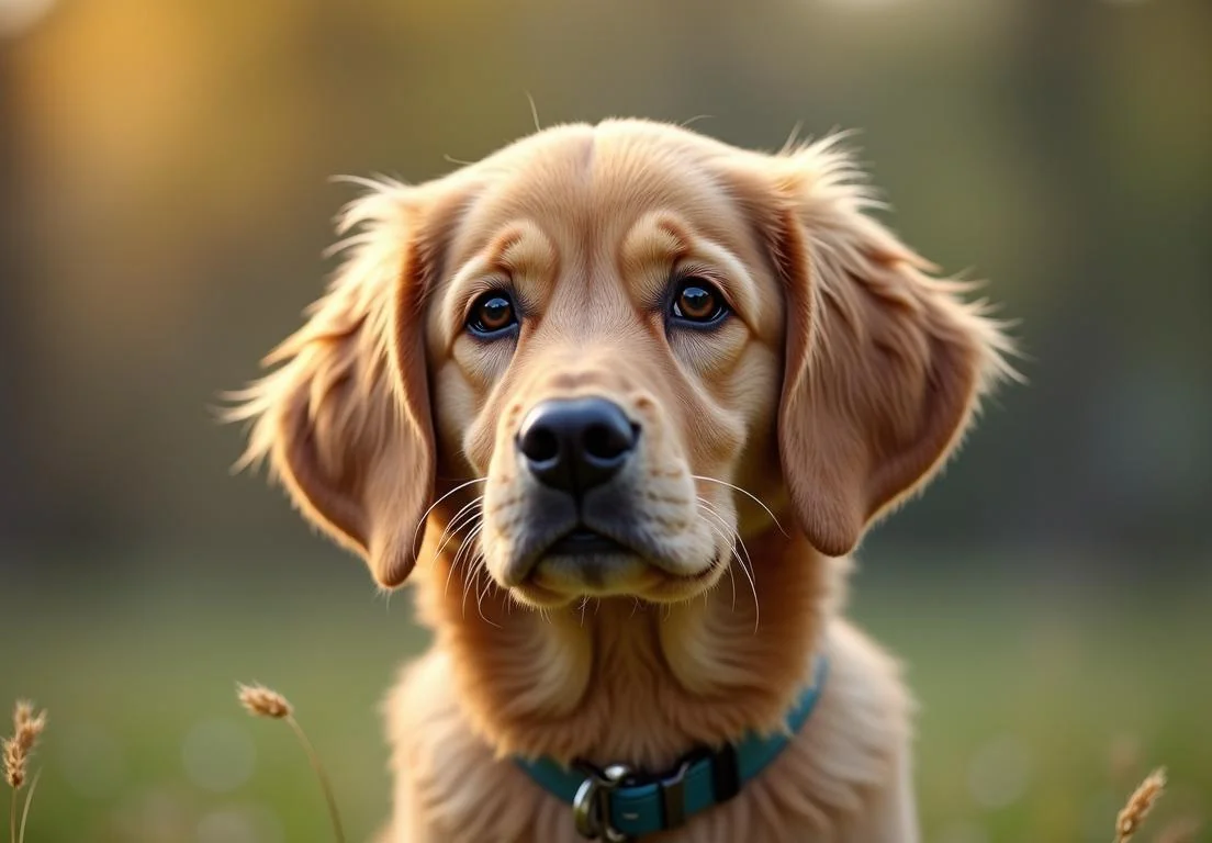 a brown dog with a blue collar sitting in a field of tall grass