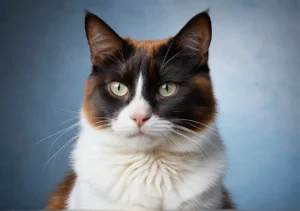 a black, white and brown cat with green eyes sitting on a table