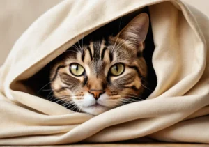 a cat peeking out from a blanket on a couch in the living room