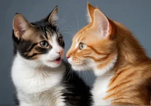 two kittens are looking at each other kittens, one is looking at the other cat