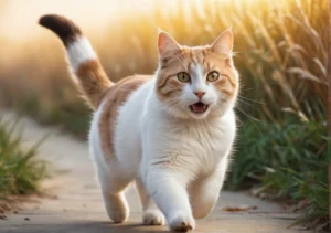 an orange and white cat walking down a path in a field of tall grass