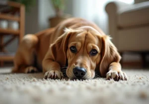 a dog laying on the floor with its head on the floor and looking at the camera