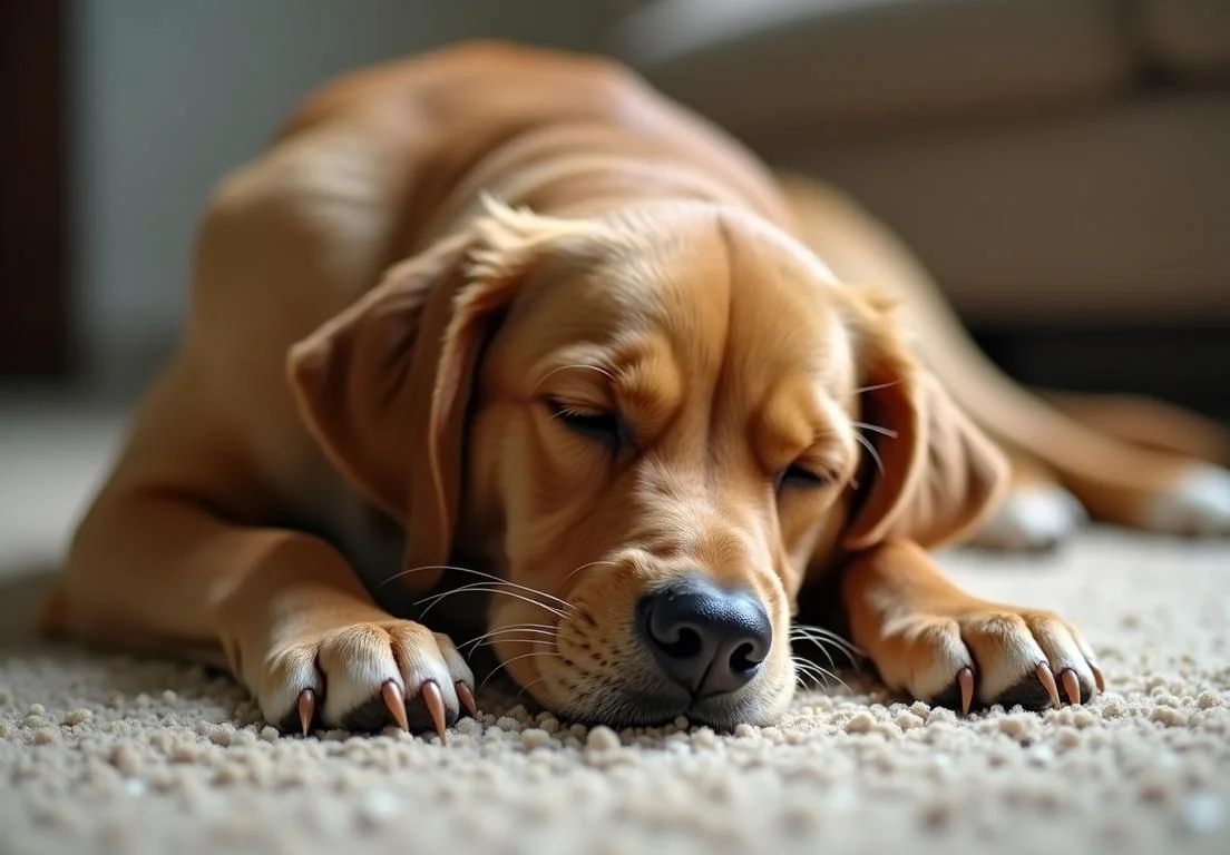 a dog laying on the floor with its head on the floor and eyes closed