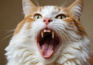 a cat with its mouth open and it's mouth wide, showing its teeth