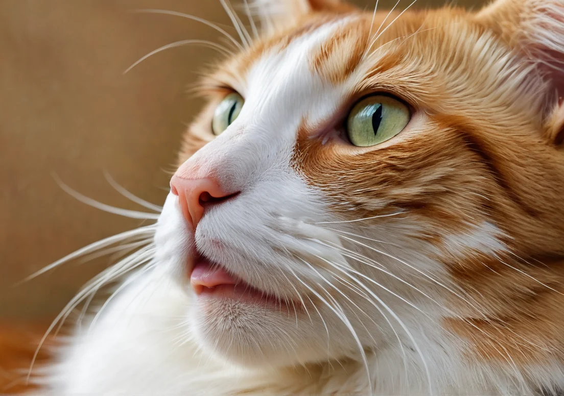 an orange and white cat with green eyes looking up at the camera, close up