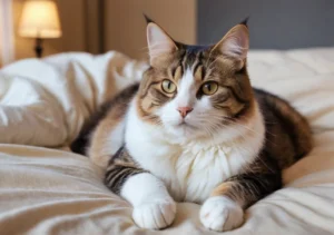 a cat laying on top of a bed next to a nightlight lamp