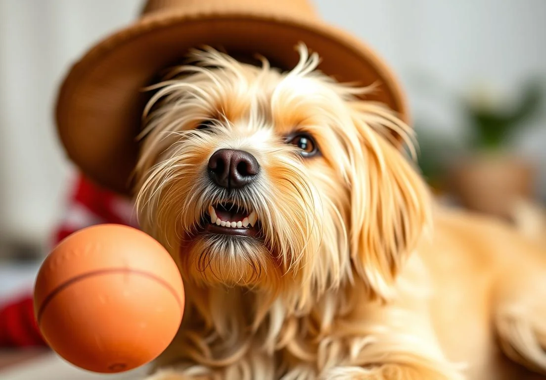 a dog wearing a hat and holding a ball in its mouth, with a toy in the background