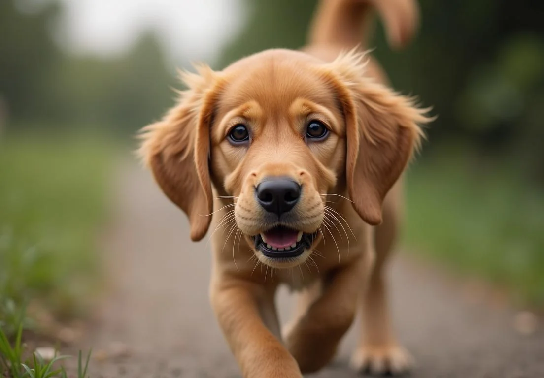 a dog running down a dirt road with its mouth open and tongue out