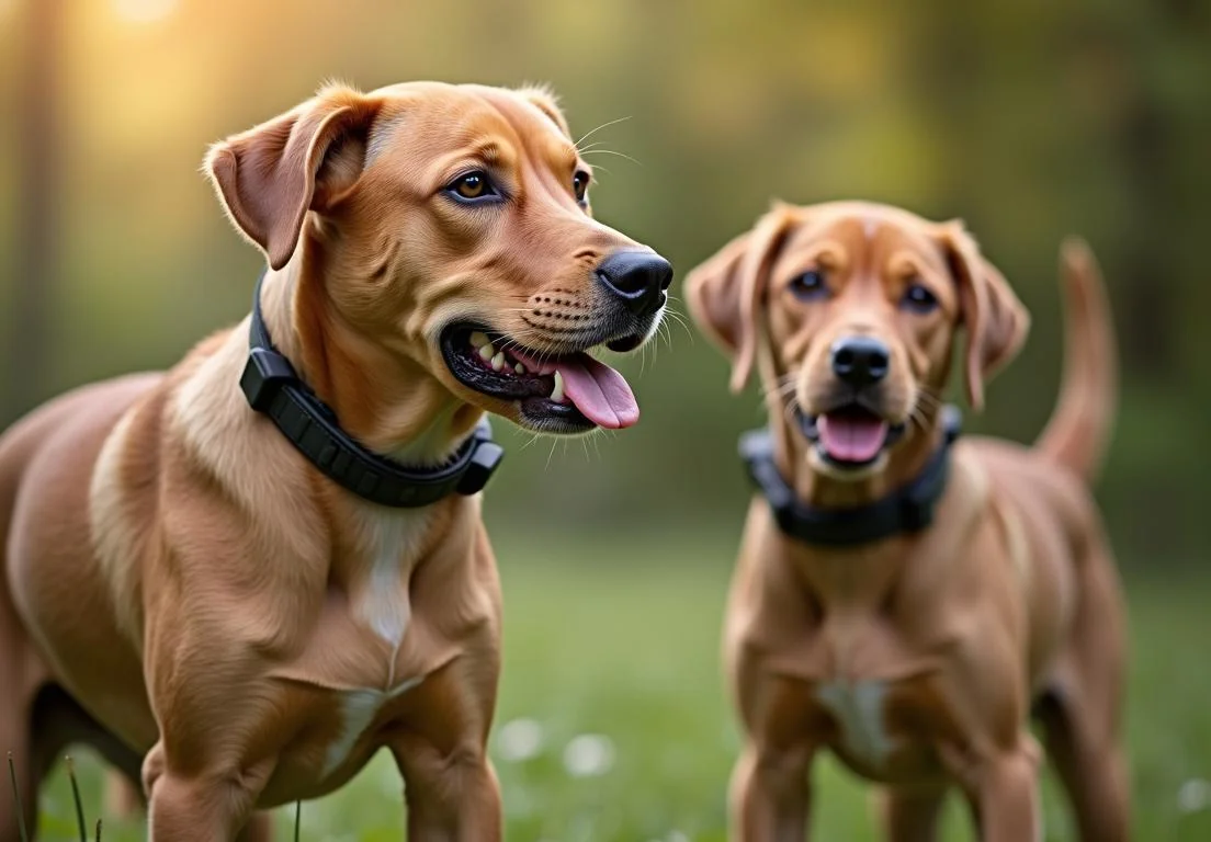 two dogs are standing in the grass with their tongues open and looking at the camera