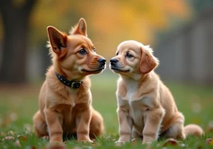 two puppies standing next to each other on the grass