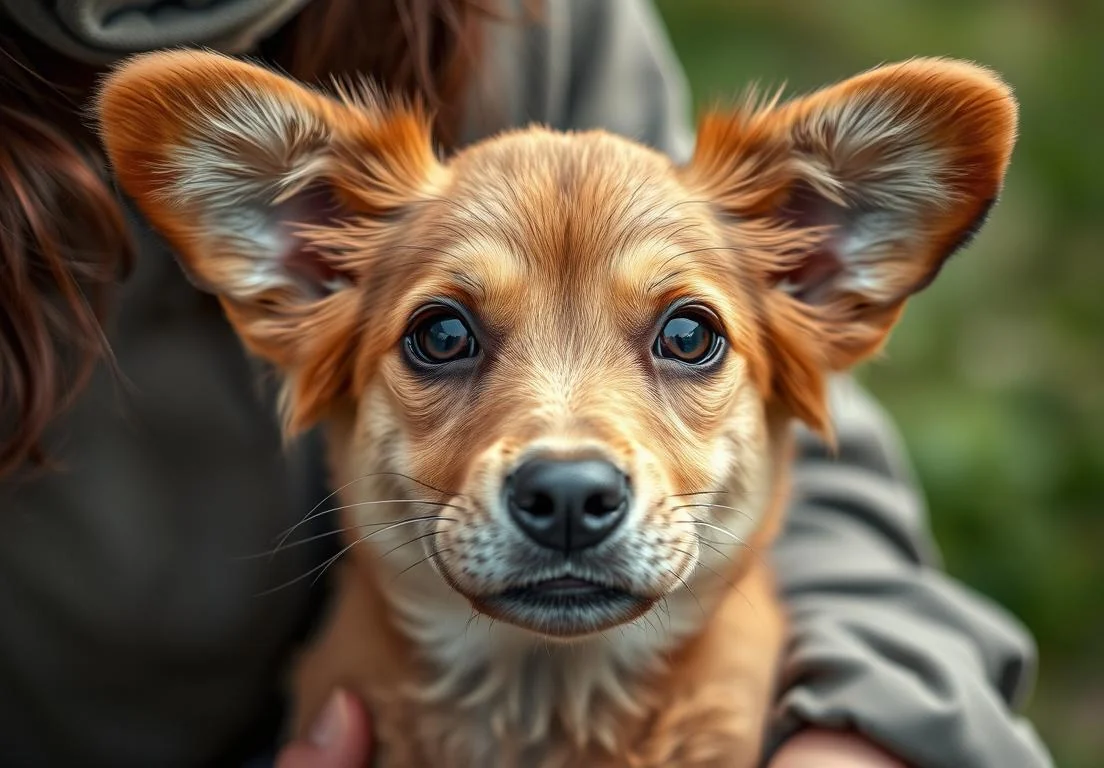 a woman holding a small dog with blue eyes and long brown hair on her face