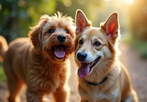 two dogs standing next to each other dogs on a dirt road with the sun shining in the background