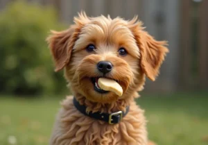 a small brown dog sitting in the grass with a banana in its mouth