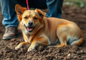 a dog laying on the ground with its mouth open and it's tongue out