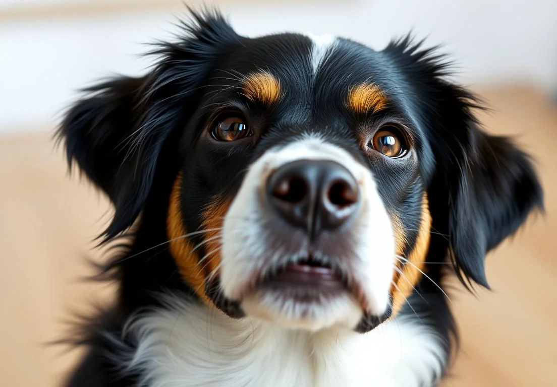 a dog looking up at the camera with its mouth open and tongue out