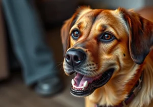 a brown dog with its mouth open and it's looking at the camera