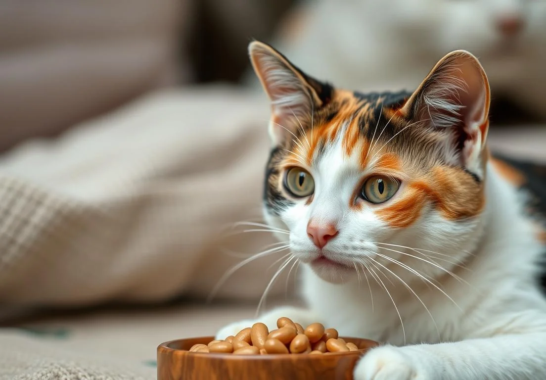 a cat eating from a bowl on the floor next to a bowl of nuts