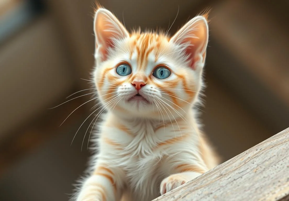 a small kitten with blue eyes sitting on a wooden ledge looking up at the camera