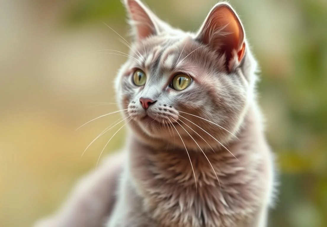 a gray cat with green eyes looking up at the camera with a blurred background