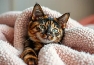 a kitten laying on top of a blanket covered in a blanketing blanket