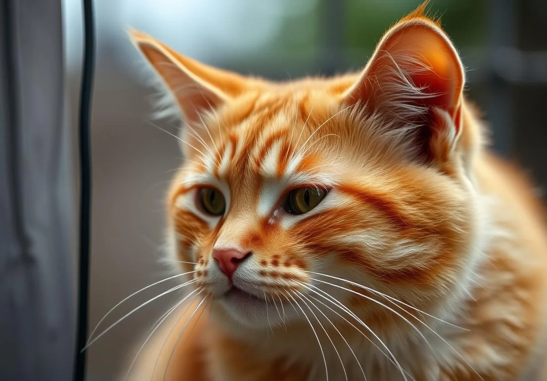 an orange cat with green eyes looking out the window greeting card for sale